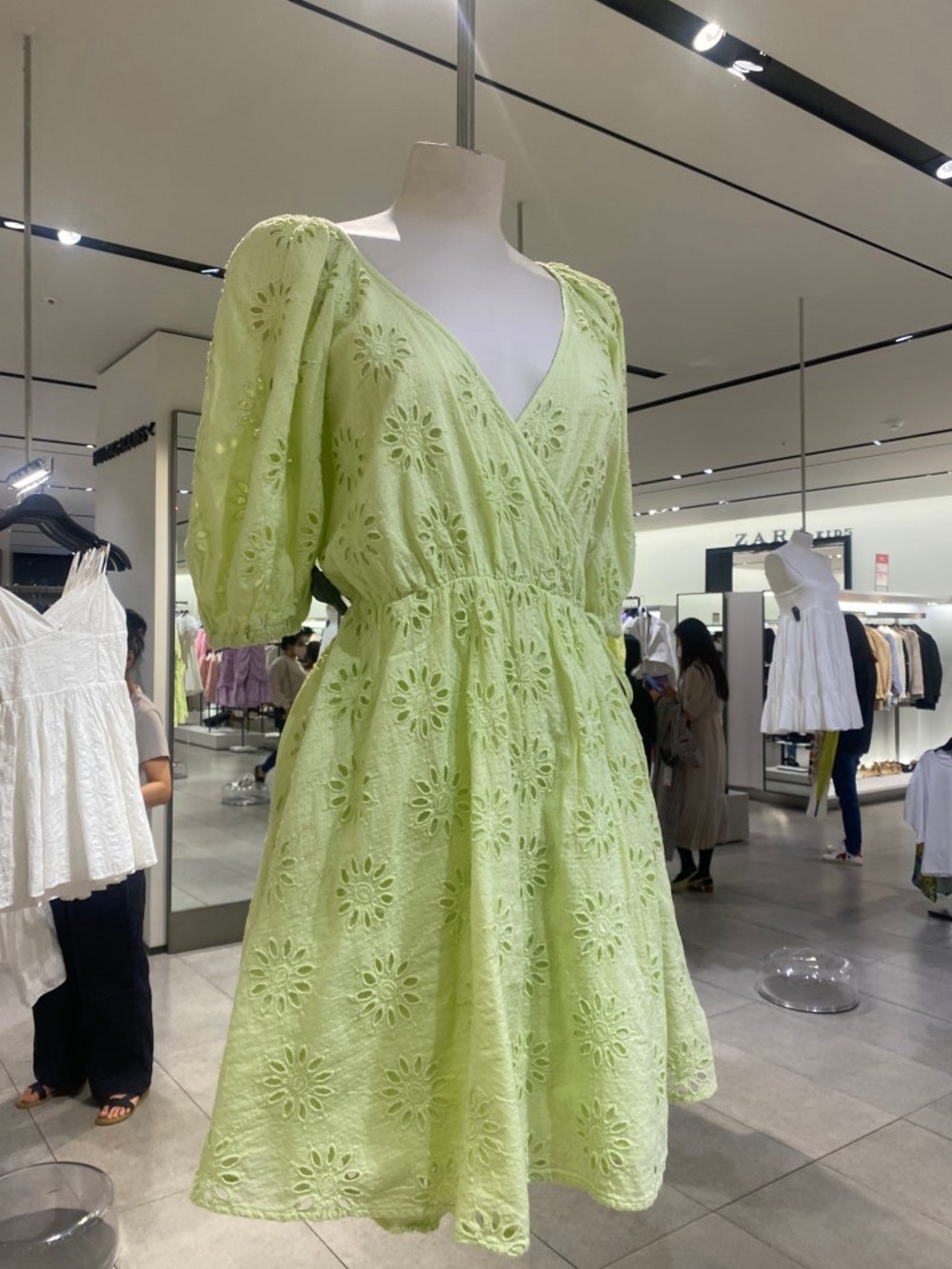 Zara | 100% Cotton Pastel Lime Green Floral Eyelet Lace Puff Sleeve Wrap Dress
